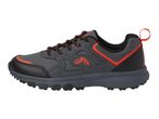 A single gray and orange hiking shoe with a black sole.