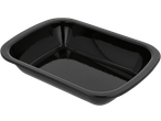 Black enamel roasting pan with a speckled finish, viewed from an angle.