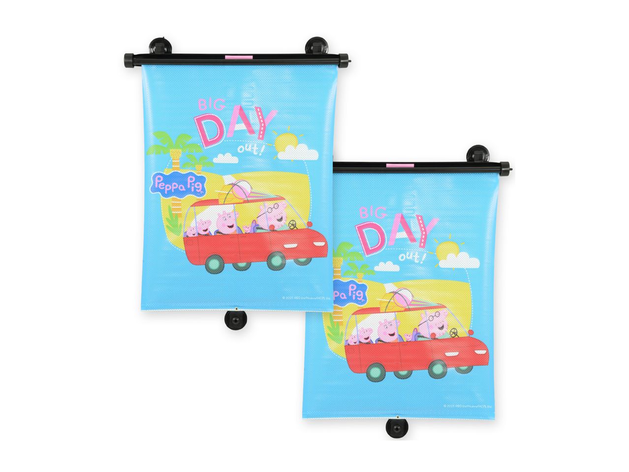 Two blue car sunshades featuring Peppa Pig characters driving a red car with text 'BIG DAY out!'