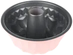 A pink and gray nonstick bundt cake pan.