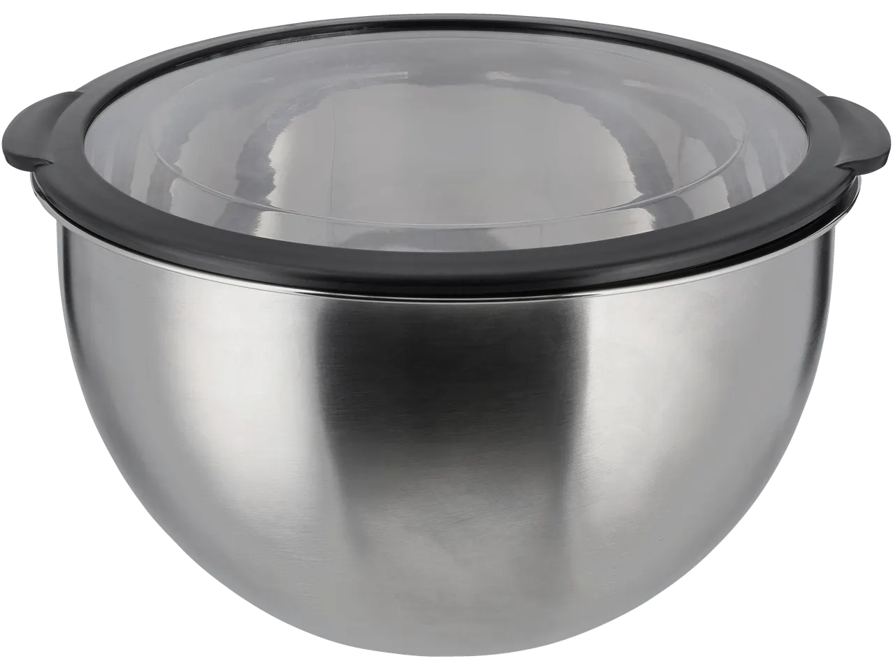 A SilverCrest stainless steel mixing bowl with a clear plastic lid.
