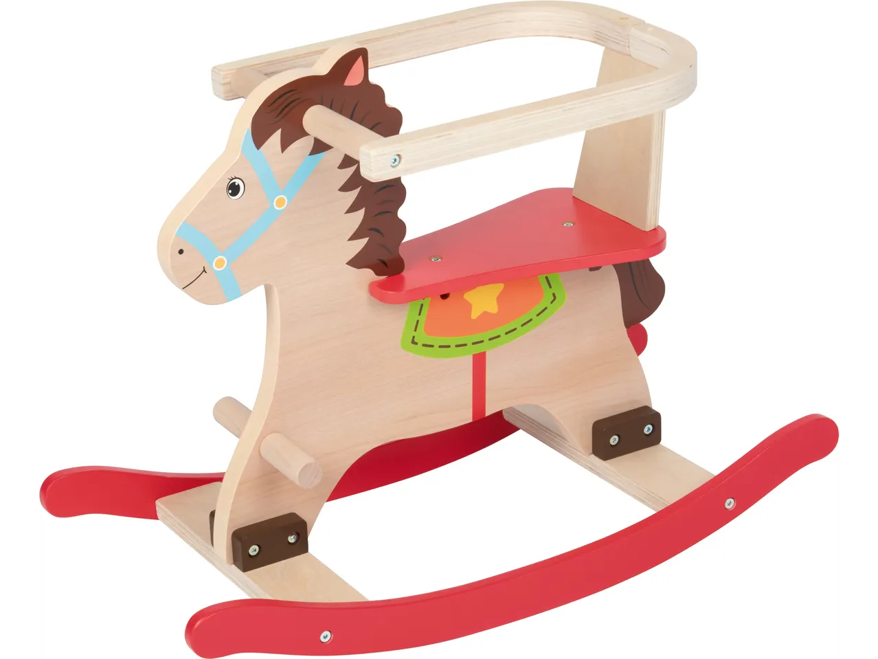 LUPILU medinis arkliukas su raudonu sėdmeniu ir apsauginiu rėmu.