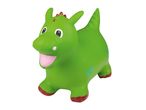 Green inflatable dragon bouncer toy with red spikes and feet, and blue swirl decorations.