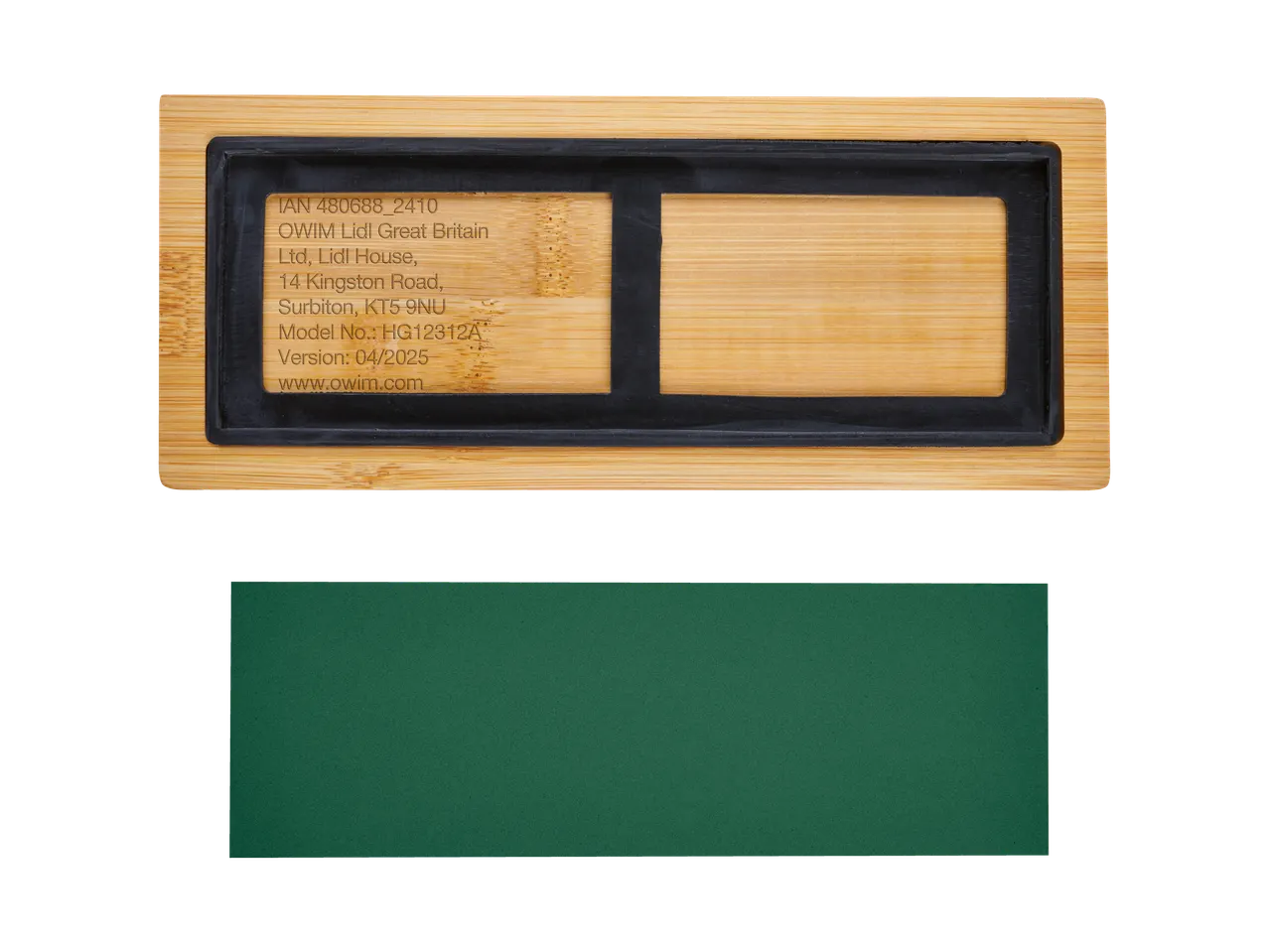 OWIM Lidl bamboo product label and dark green sample.
