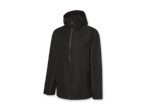 Schwarze Regenjacke mit Kapuze und Reißverschluss auf schwarzem Hintergrund.