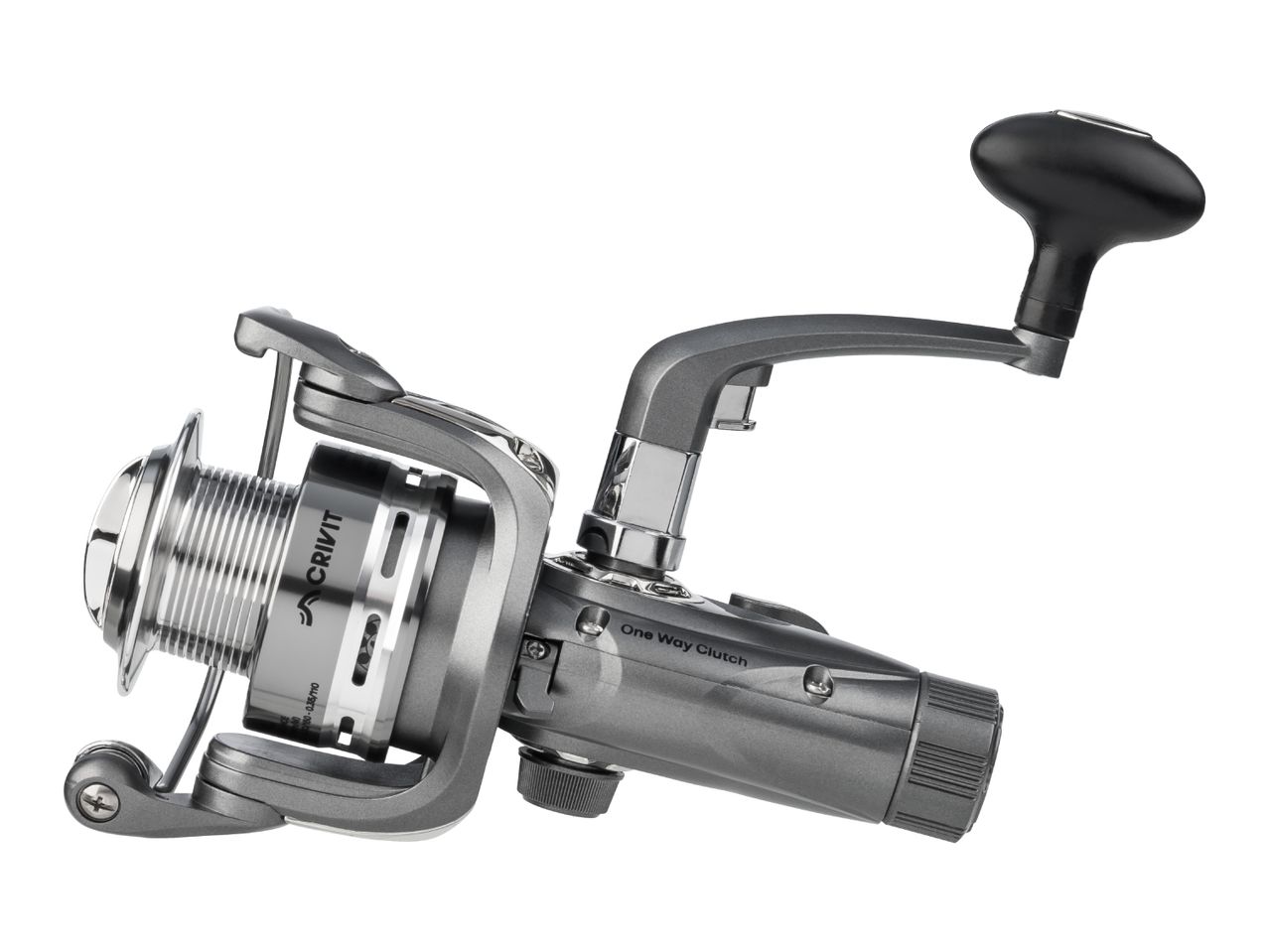 Grey fishing reel with a black handle and 'One Way Clutch' text.