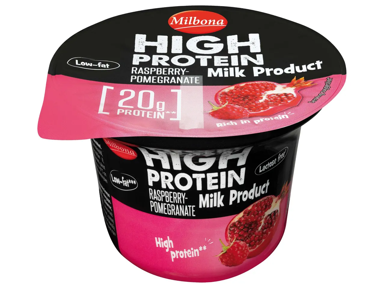 Milbona High Protein tejtermék, málna-gránátalma, magas fehérjetartalommal.