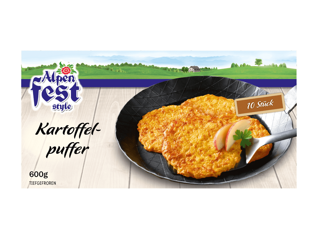 Perunapannukakkuja, 10 kappaletta, 600g, pakastettuna, alppimaisemassa.