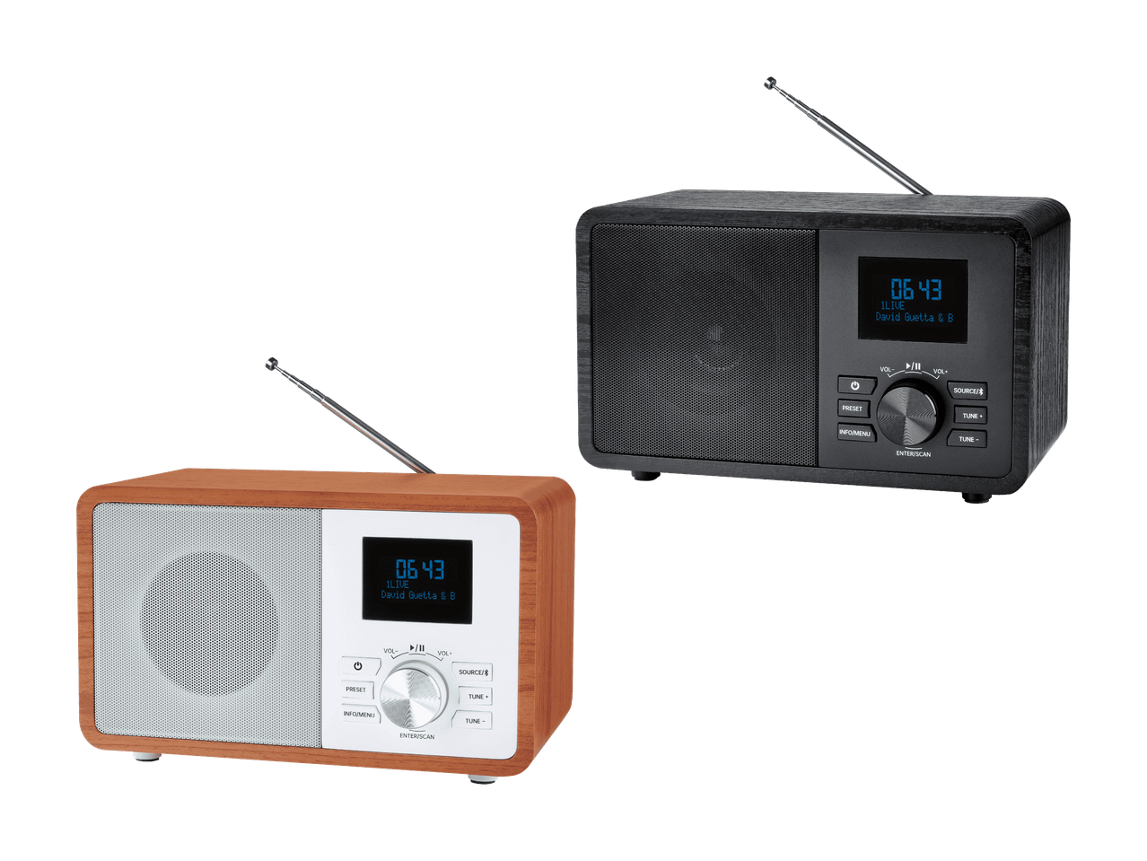 Deux radios numériques, l'une en bois clair et l'autre en bois foncé, avec affichage de l'heure et de la chanson.