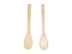 Two bamboo kitchen utensils: a solid spoon and a slotted spoon.