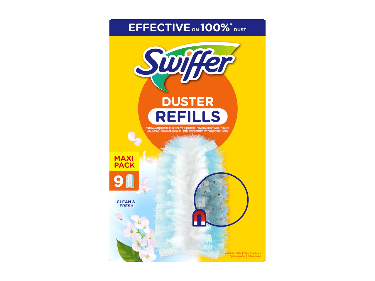 Verpakking met 9 navullingen voor stofdoekjes, met de tekst 'Clean & Fresh' en een afbeelding van bloemen.