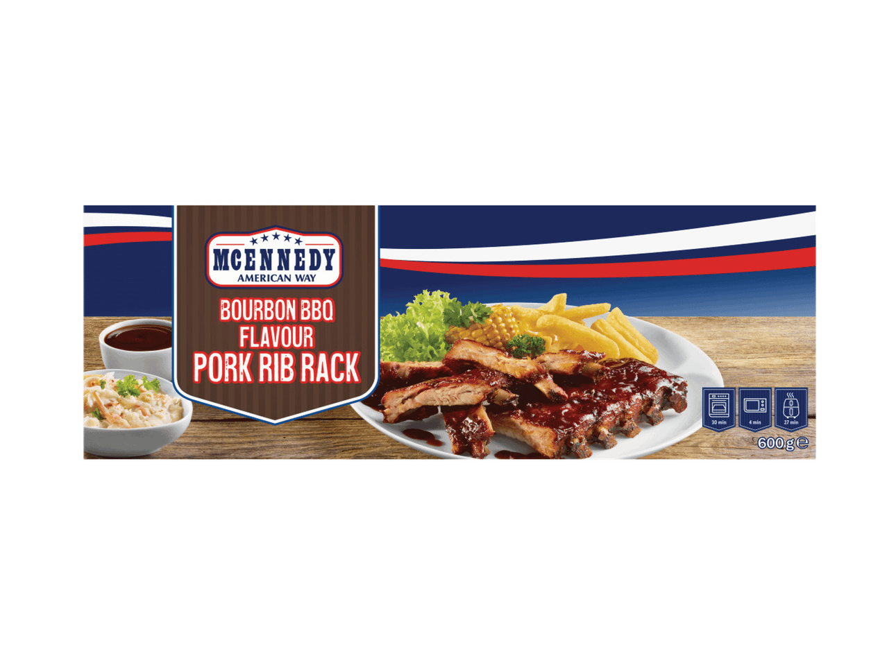 Šonkauliukai su burbono BBQ padažu, bulvytėmis, kukurūzais ir salotomis, 600g.