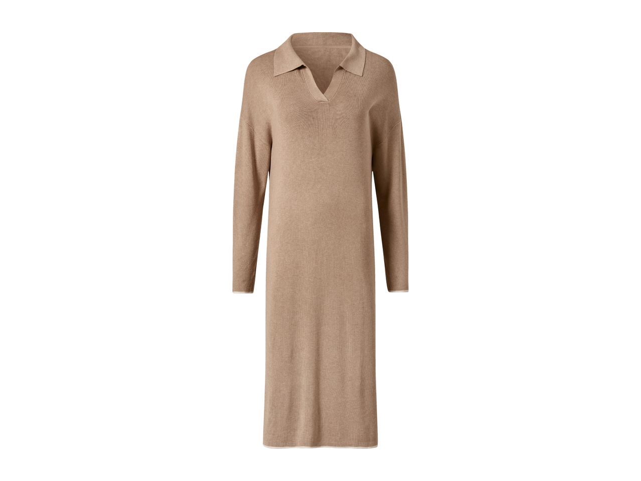 Long-sleeved knitted dress in a warm beige color with a collar and V-neck.