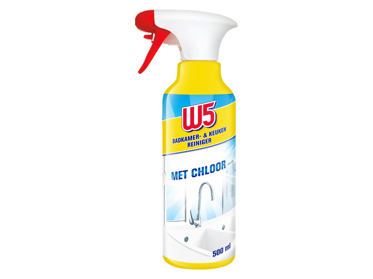 W5 badkamer- en keukenreiniger met chloor in spuitfles.