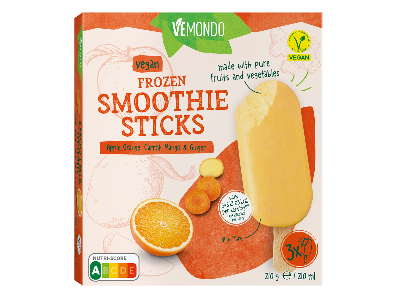 Веган замразени smoothie стикове Vemondo: ябълка, портокал, морков, манго и джинджифил.