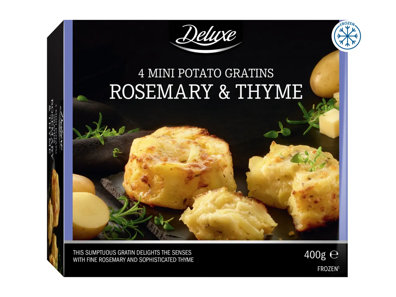 Deluxe 4 Mini Potato Gratins with Rosemary & Thyme, frozen.