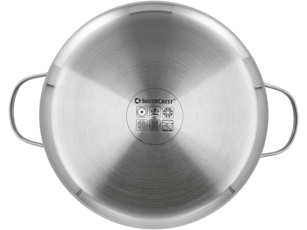 Baza oalei din oțel inoxidabil cu pictograme de compatibilitate pentru diferite plite