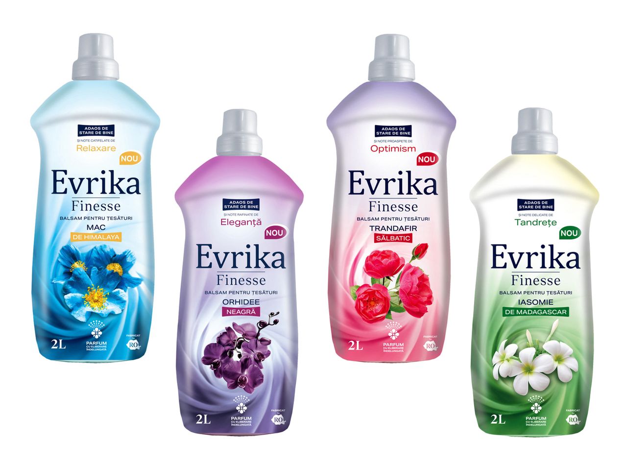 Patru sticle de balsam de rufe Evrika Finesse de 2L, cu arome diferite.