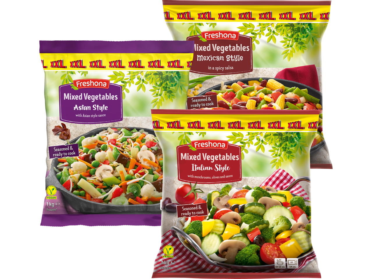 Färskfrusna grönsaksblandningar från Freshona i asiatisk, mexikansk och italiensk stil.
