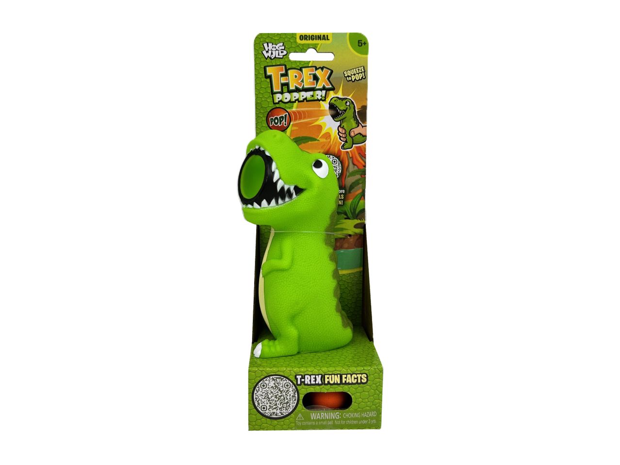 Green T-Rex popper toy in packaging, with 'Squeeze to POP!' and 'T-REX FUN FACTS' text.