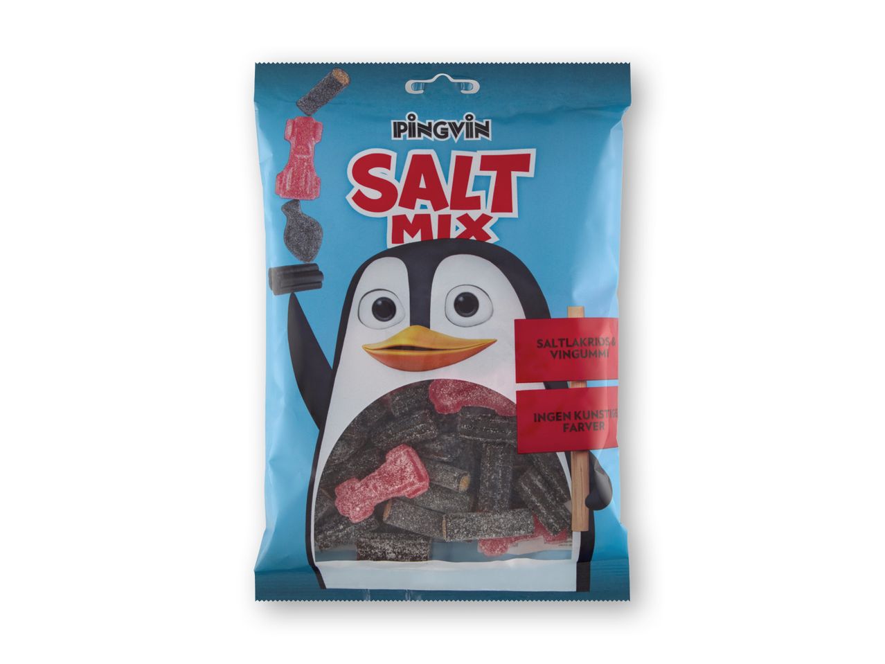 En pose vingummiblandning med saltlakrids, illustreret med en pingvin.