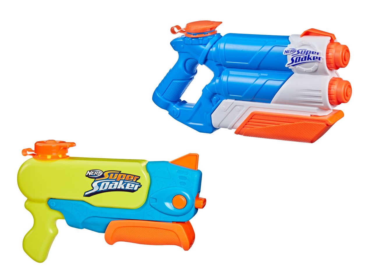 Zwei bunte Wasserpistolen, eine blau-orange und eine gelb-blau-orange.