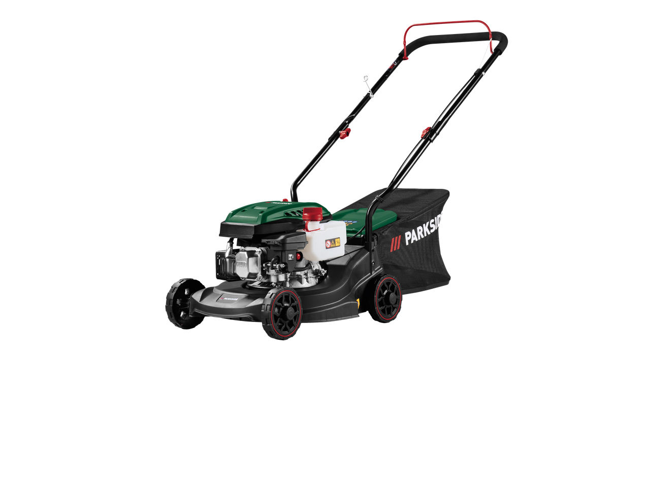 PARKSIDE® Petrol Lawnmower with green engine cover and black grass collection bag