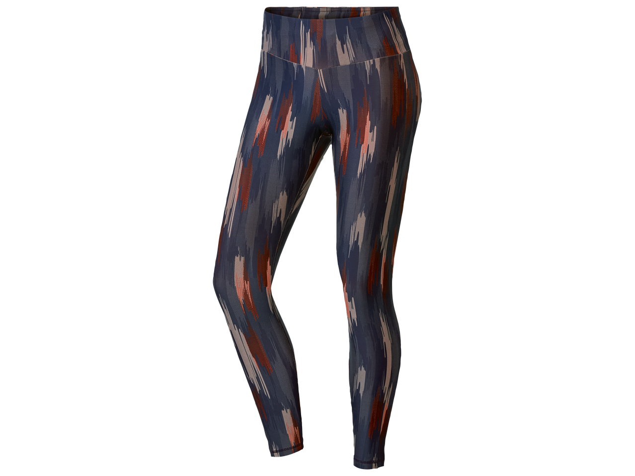 Legging de sport pour femme avec un motif abstrait bleu marine, orange brûlé et beige.