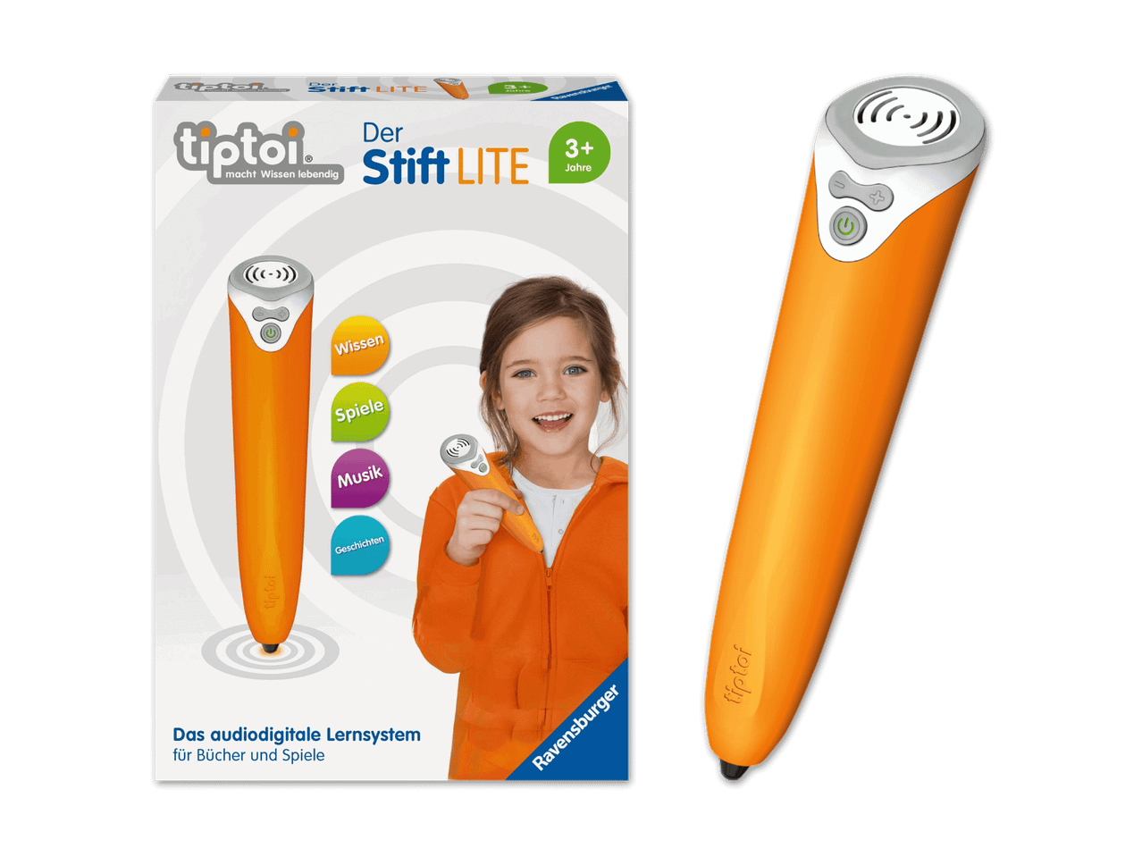 tiptoi Stift LITE von Ravensburger, ein audiodigitales Lernsystem für Kinder ab 3 Jahren.
