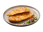 Zwei gewürzte Hähnchenbrustfilets mit Beilagensalat auf einem Teller.