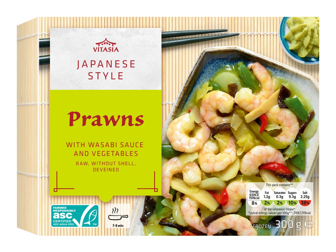 Japanese-style prawns with wasabi sauce and vegetables, raw, without shell, deveined, frozen.