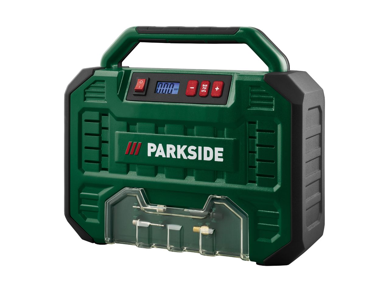 Green portable air compressor with digital display and various nozzles stored in a clear compartment.