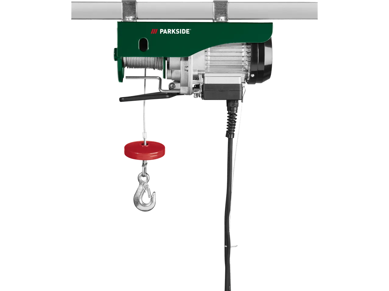 Troliu electric Parkside 500 W cu cârlig și cablu de oțel, suspendat de o grindă.