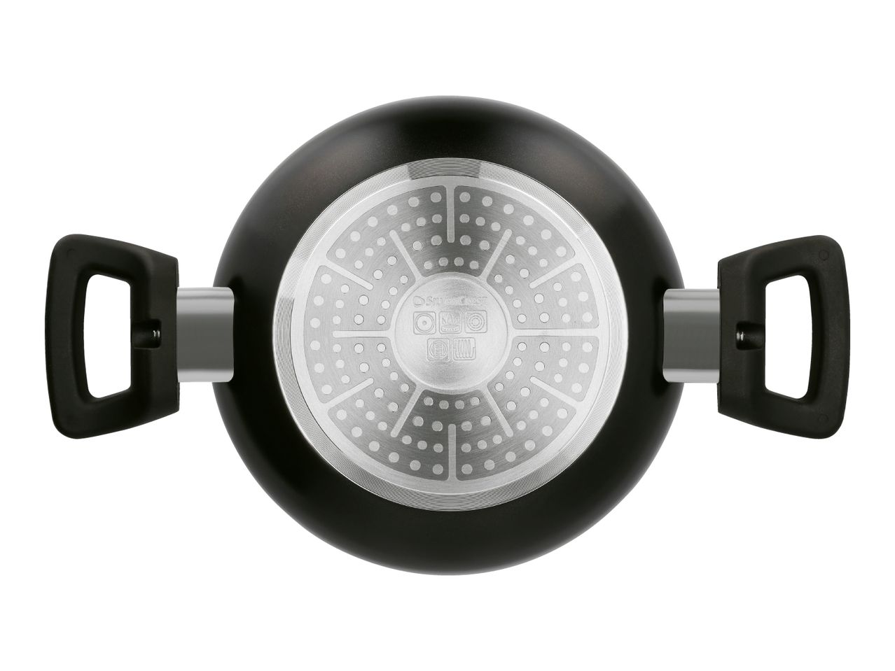 Bottom view of a black cooking pot with two handles and a silver induction base.