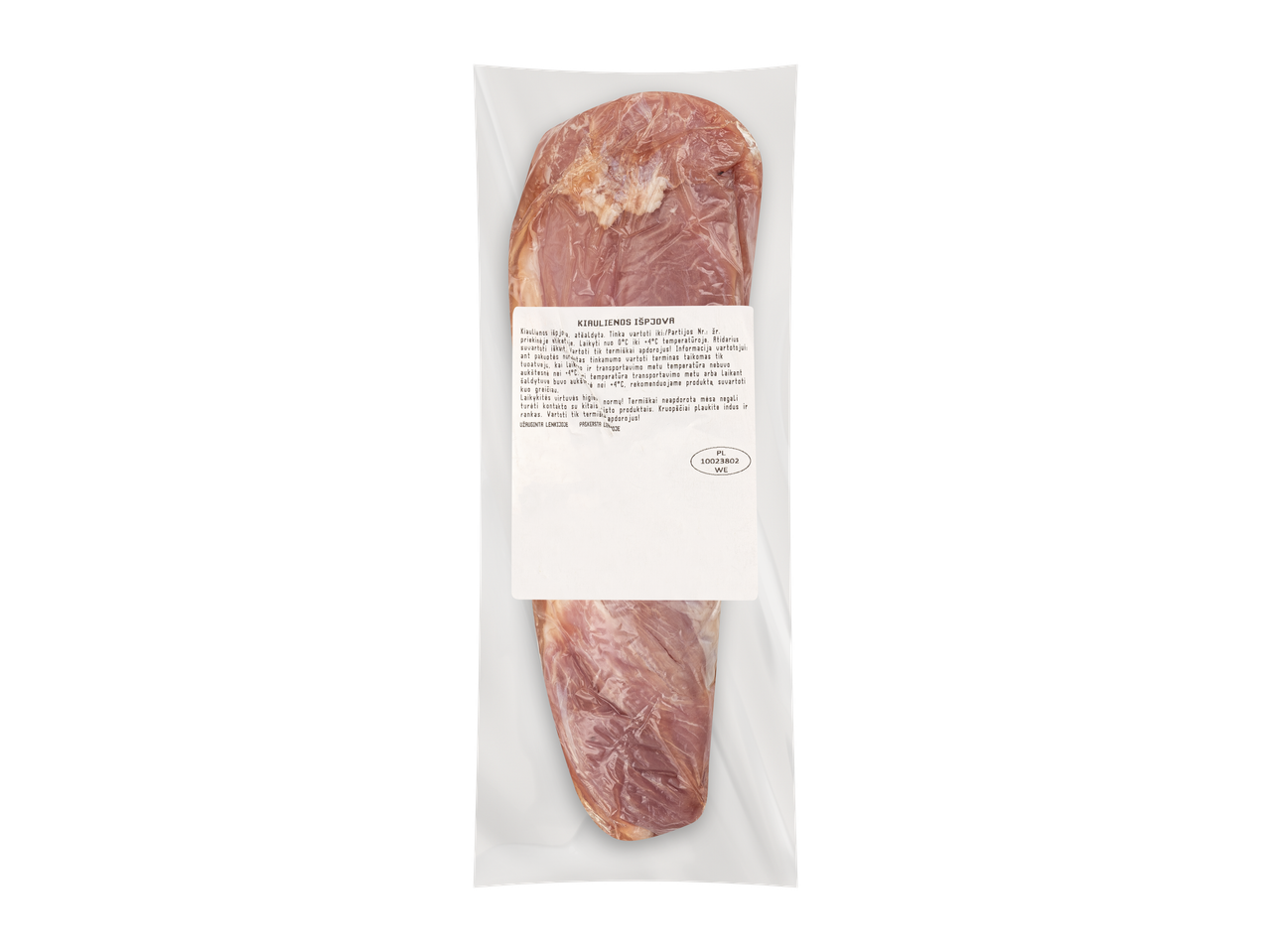 Šviežia kiaulienos išpjova vakuuminėje pakuotėje su etikete ir produkto informacija