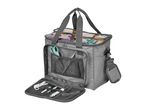 Grey knitting bag with yarn and accessories