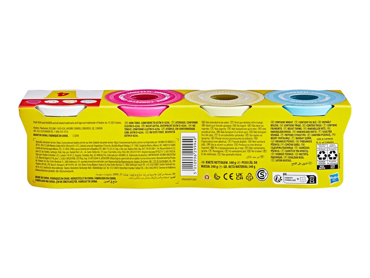 A box of four colorful playdough containers with confetti-themed lids, showing product information and recycling symbols.