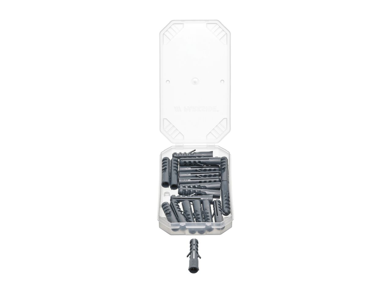 A clear plastic box filled with gray wall plugs, with one plug standing upright.