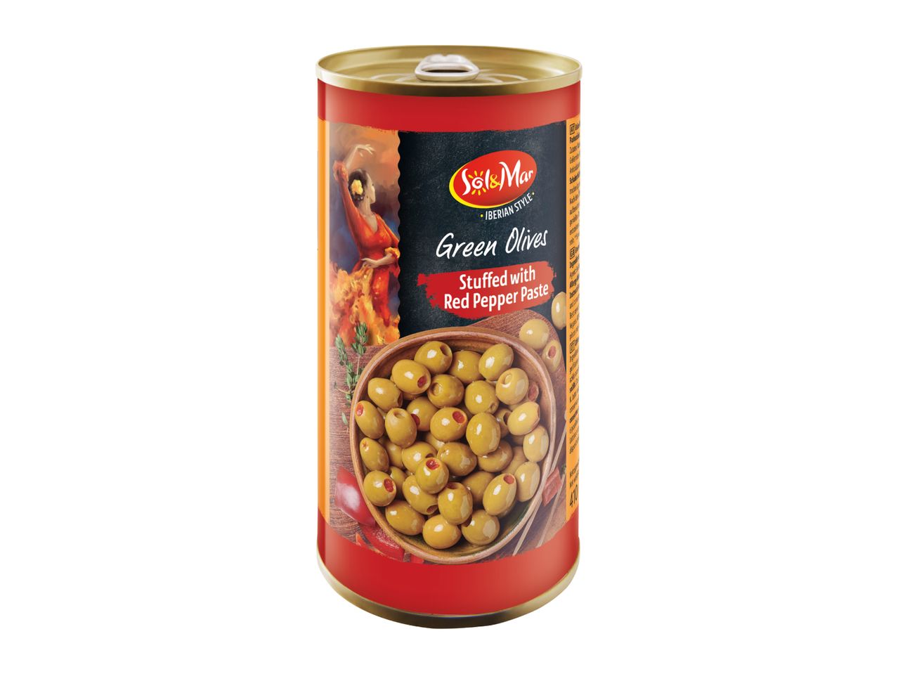 Can of green olives stuffed with red pepper paste, featuring a flamenco dancer and Iberian style.