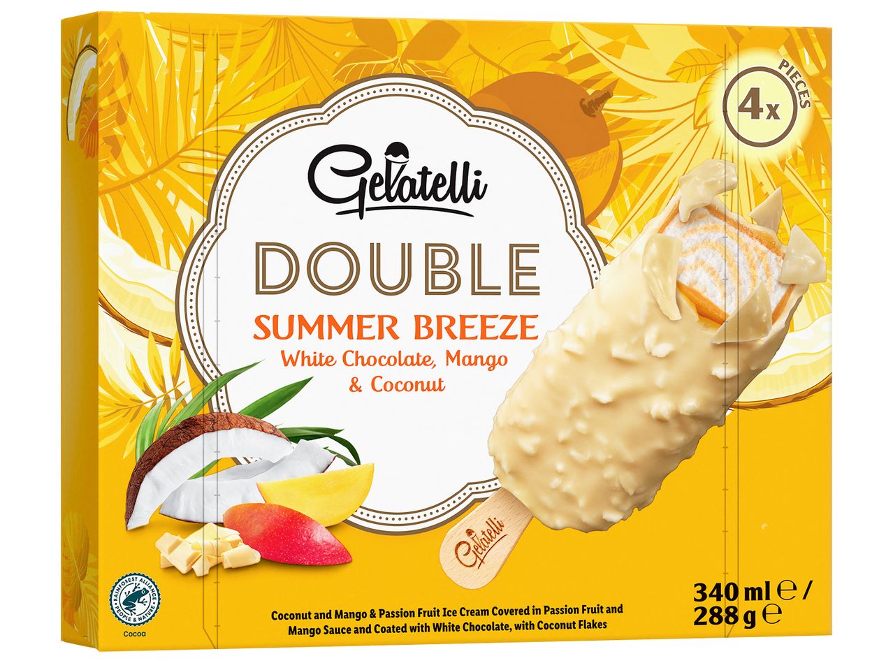 Премиум сладолед на клечка Gelatelli Double Summer Breeze с бял шоколад, манго и кокос.