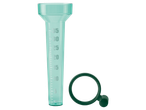 Green rain gauge with scale and holder.