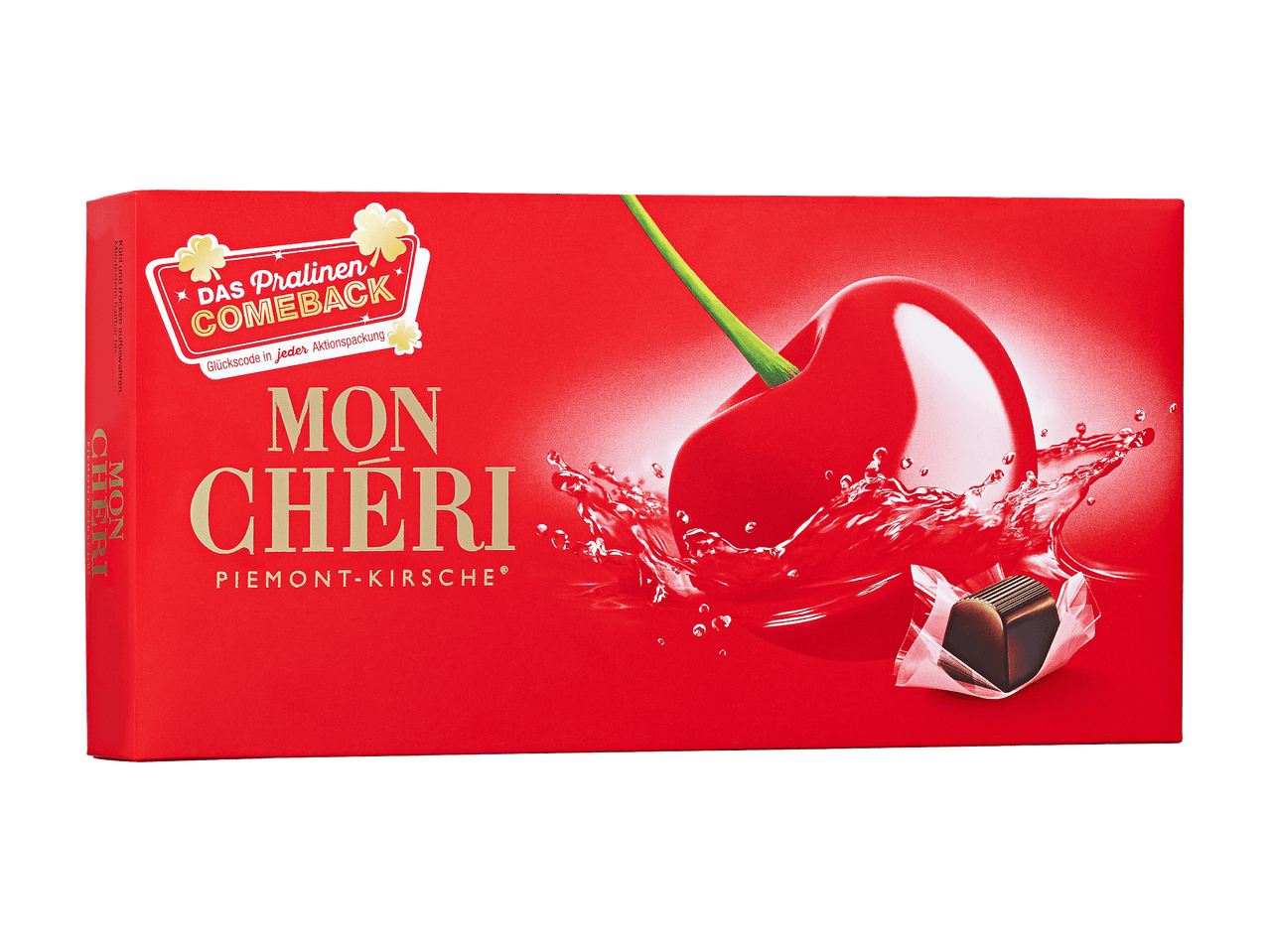 Pralinenschachtel mit Kirschwasser-Pralinen und einer großen Kirsche auf rotem Hintergrund.