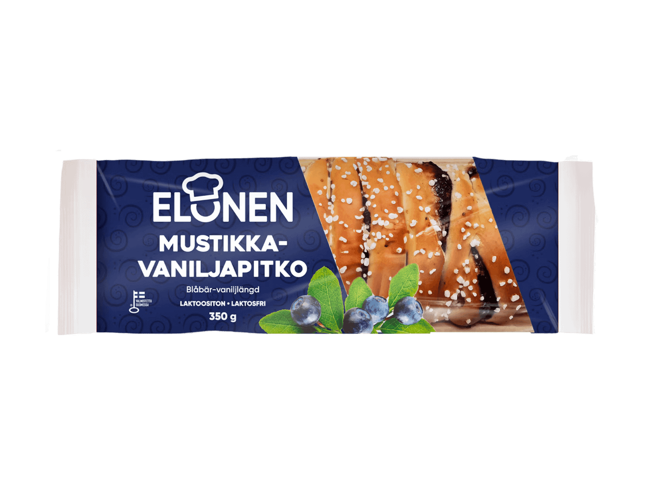 Mustikka-vaniljapitko, laktoositon, 350 g, sinisessä pakkauksessa, jossa mustikoita.