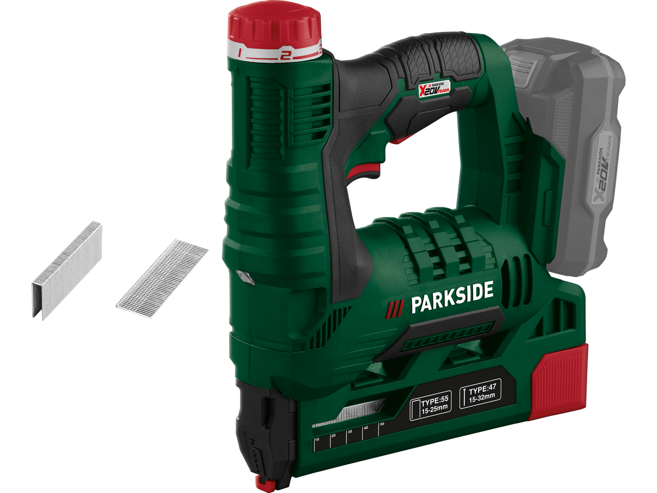 En Parkside X20V Team häftpistol med tillbehör, inklusive häftklamrar och spikar.