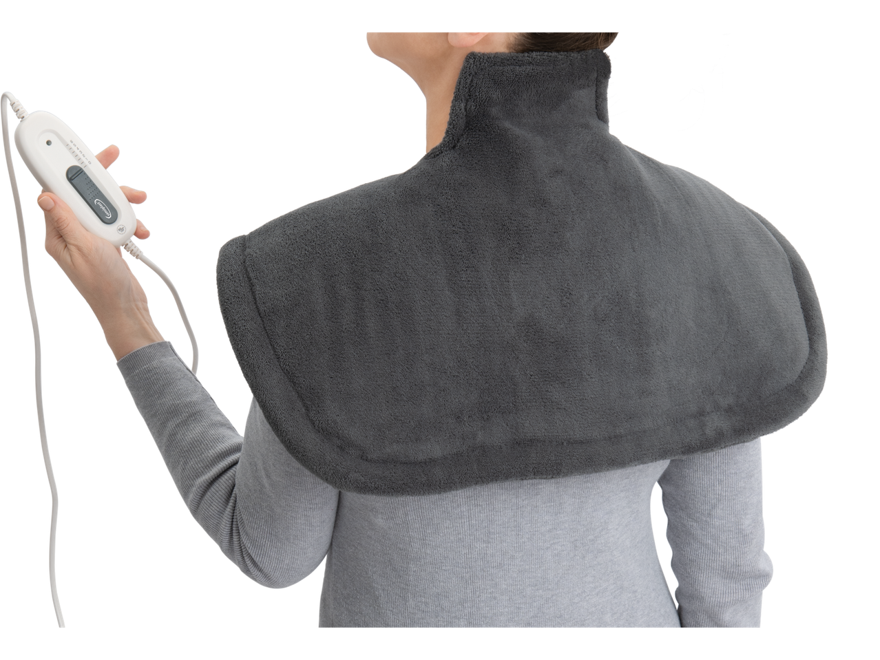 Gray Sensiplast shoulder and neck heating pad with remote control.