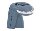 A blue Dymo label maker sits angled on a white background.