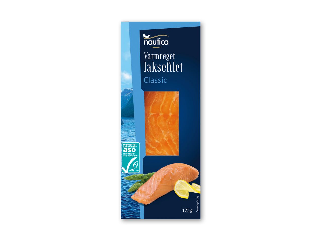 Varmrøget laksefilet i en pakke med et billede af laks, citron og asparges.