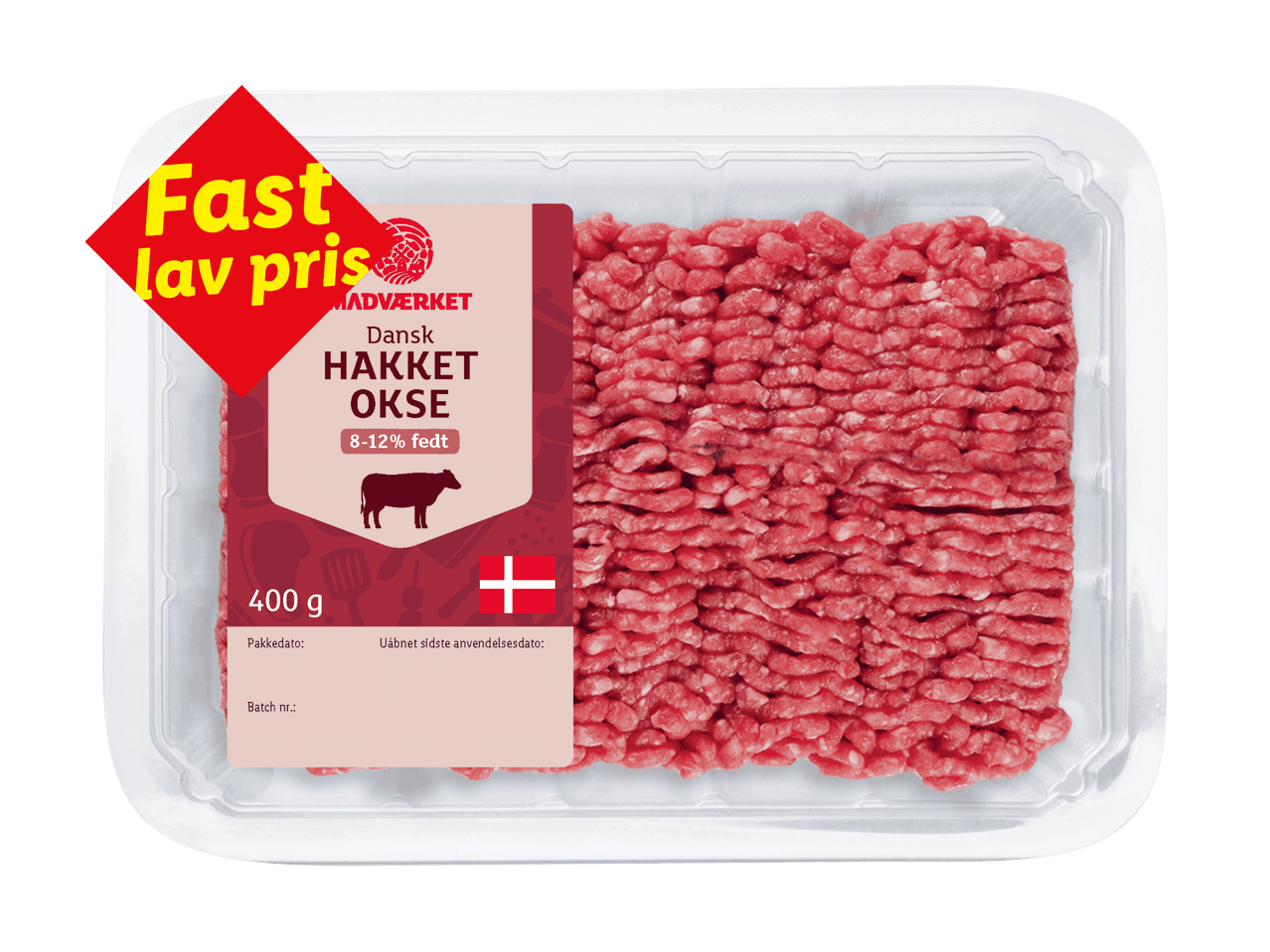 Pakke med 400g hakket oksekød (8-12% fedt) med et 'Fast lav pris'-mærke.