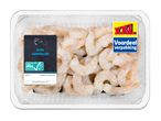 Een verpakking met wokgarnalen, met een ASC-keurmerk en de tekst 'XXL Voordeelverpakking'.