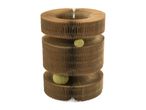 Corrugated cardboard cat scratcher with two green balls, stacked in three circular layers.